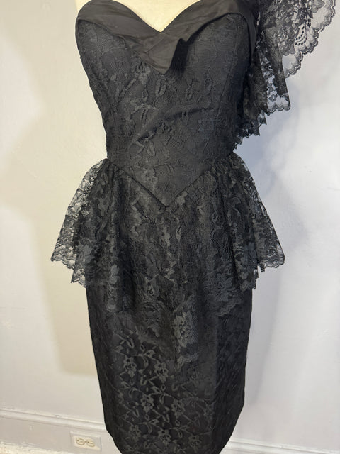 80s Climax Black Lace One Shoulder Party Dress Size XS