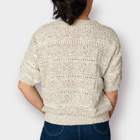 90s Pandora Short Sleeve Tan & Cream Sweater Size L