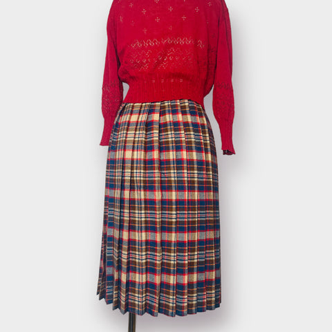 70s Blue Red Tan Orange Pleated Wool Midi Skirt Size XS