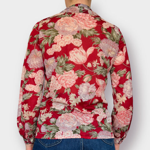 70s Personal Sheer Red Tropical Floral Blouse Size S
