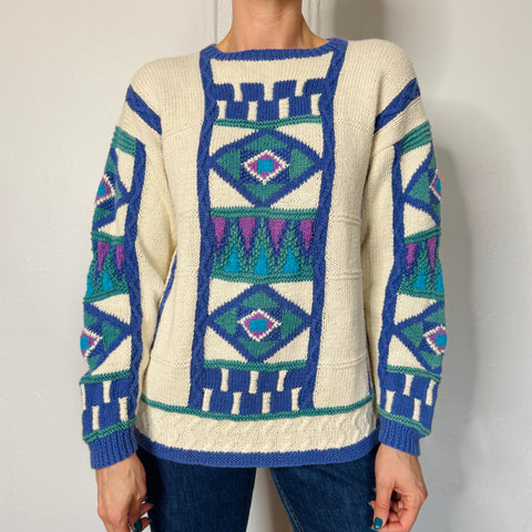 90s Segrets Sun Prints cream geometric blue print sweater Size M