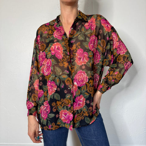90s Express Compagnie Floral Sheer Blouse Size XL