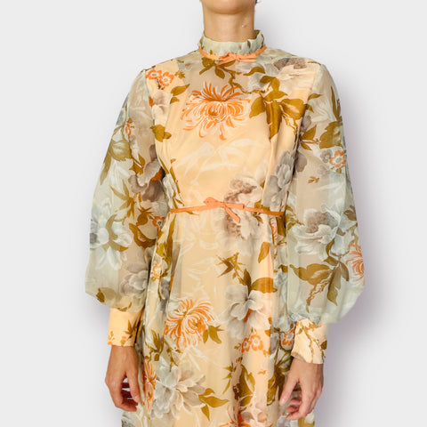 70s Peach Tan and Gray Floral Maxi Dress Size XS
