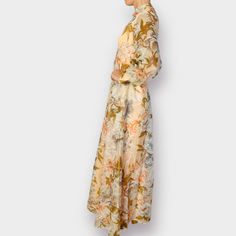 70s Peach Tan and Gray Floral Maxi Dress Size XS