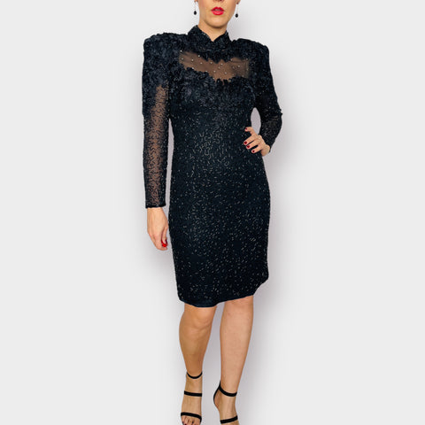80s Alvce Designs Black Beaded Party Dress Size M
