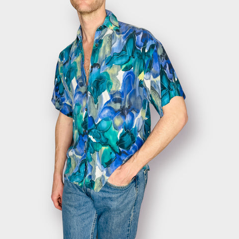 90s Express Blue and Teal Silk Short Sleeve Button Front Shirt