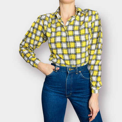 80s Notches Yellow and Black Checkered Button Front Blouse