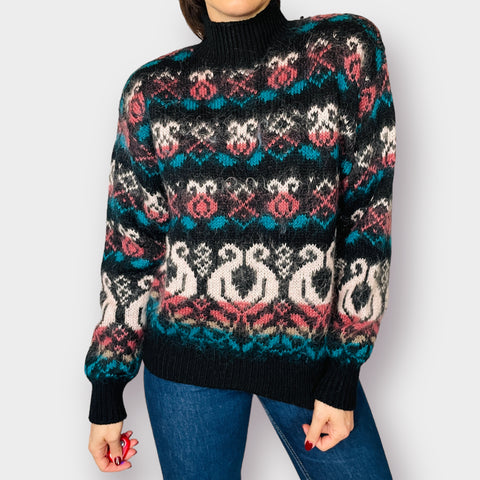 80s D•D• Sloane Black Pink Teal Mohair Blend Mockneck Sweater