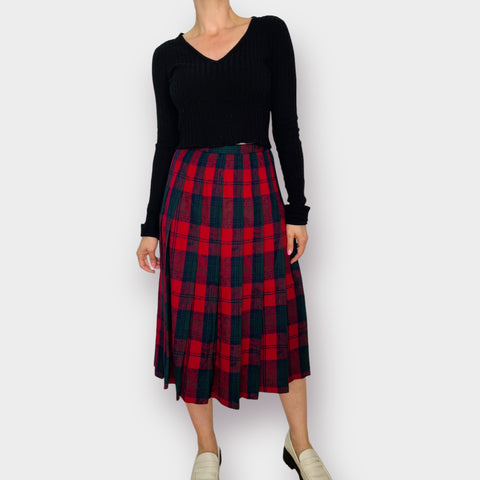 80s Pendleton Red Navy Green Wool Pleated Midi Skirt Size S