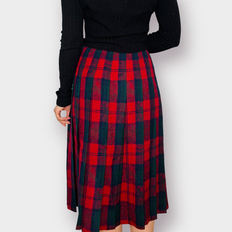 80s Pendleton Red Navy Green Wool Pleated Midi Skirt Size S