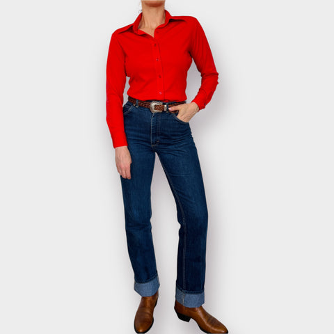 70s red polyester long sleeve blouse Size S/M