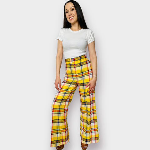 70s Time and Place Yellow Plaid Bell Bottoms Size XS