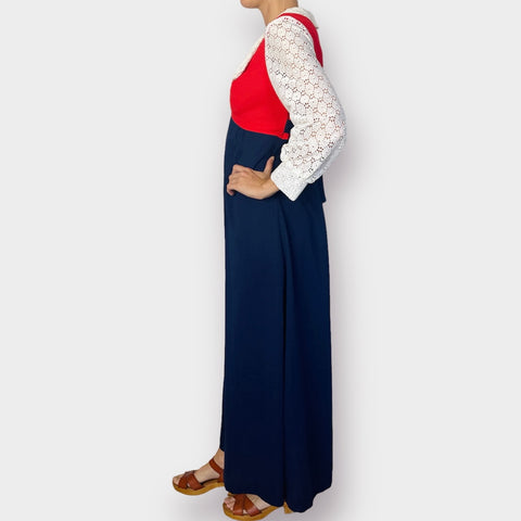 70s Red, White and Navy Maxi Dress Size S