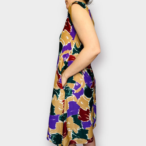 70s Tan Purple Green Brick Abstract Day Dress Size M
