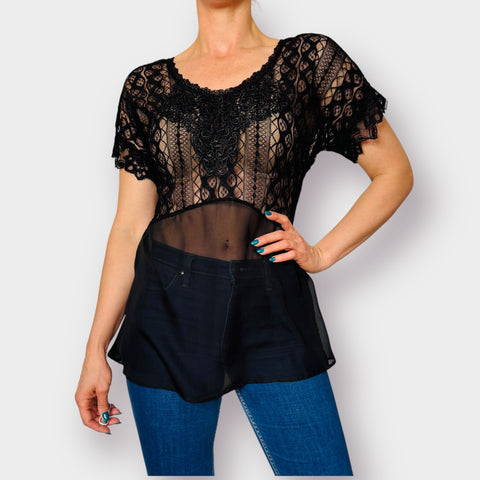 90s BKE Black Lace Sheer Blouse Size M