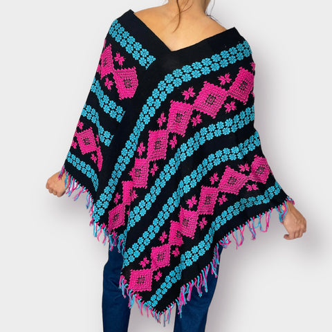 70s Black Poncho with Teal and Pink Floral Pattern