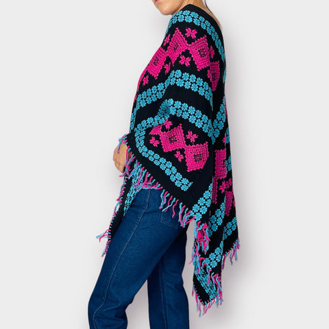 70s Black Poncho with Teal and Pink Floral Pattern
