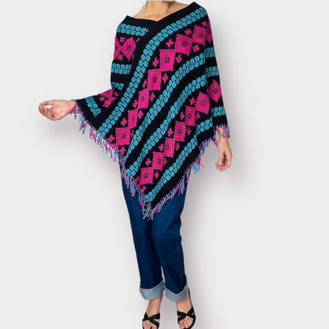 70s Black Poncho with Teal and Pink Floral Pattern