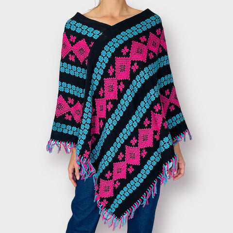 70s Black Poncho with Teal and Pink Floral Pattern