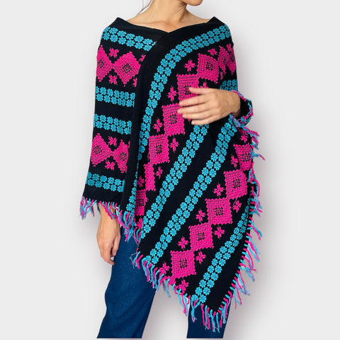 70s Black Poncho with Teal and Pink Floral Pattern