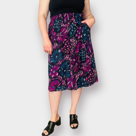 80s Fuchsia and Blue Floral Skirt Size L