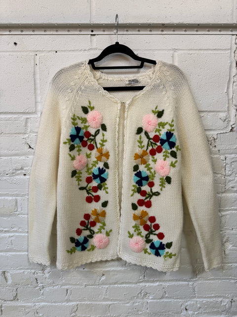 70s Cream Cardigan with Flowers Size M