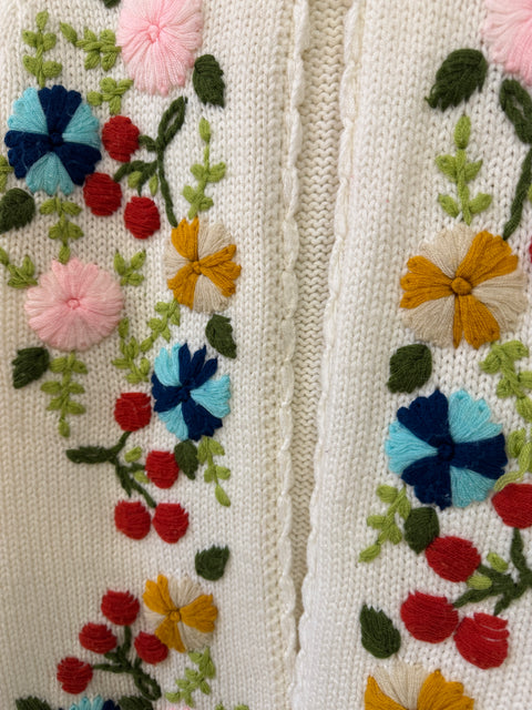 70s Cream Cardigan with Flowers Size M