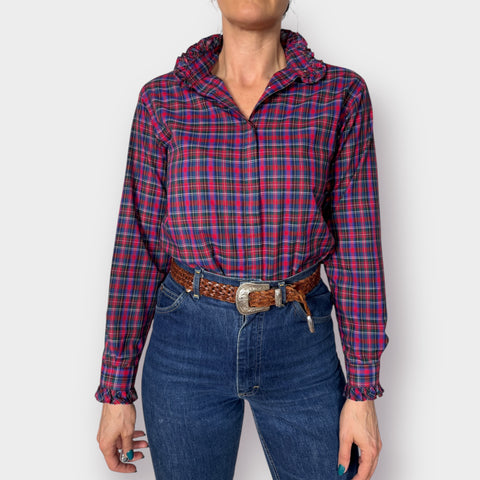 80s Circle Square Plaid Blouse with Ruffle Collar size S