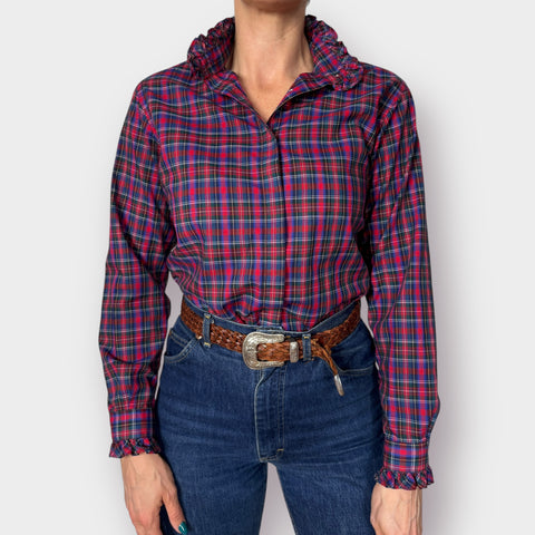 80s Circle Square Plaid Blouse with Ruffle Collar size S