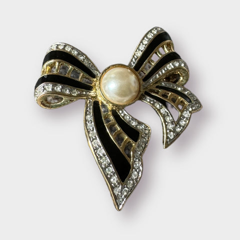 90s Black and Gold Pearl Bow Brooch