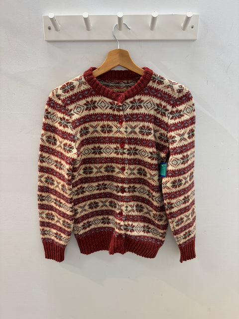 70s Wool Fair Isle Cardigan Brick Cream Blue Size M