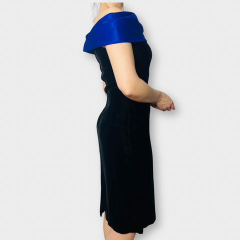 90s Evening Pantagis Black Velvet Dress with Blue Off the shoulder Collar