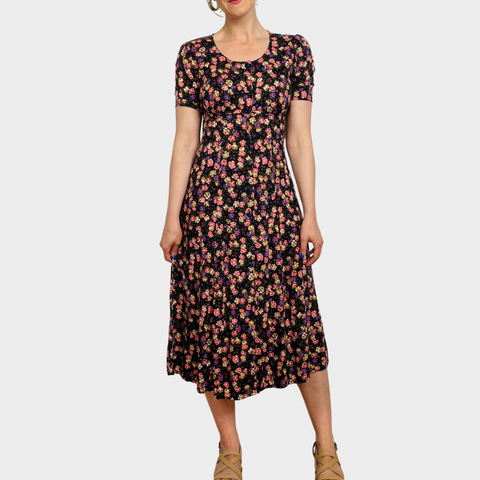 90s Ulterior Motives Navy Pink Purple Cream Floral Maxi Dress Size S