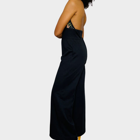 70s Jerell of Texas Black with Floral Halter Top Jumpsuit Set XS