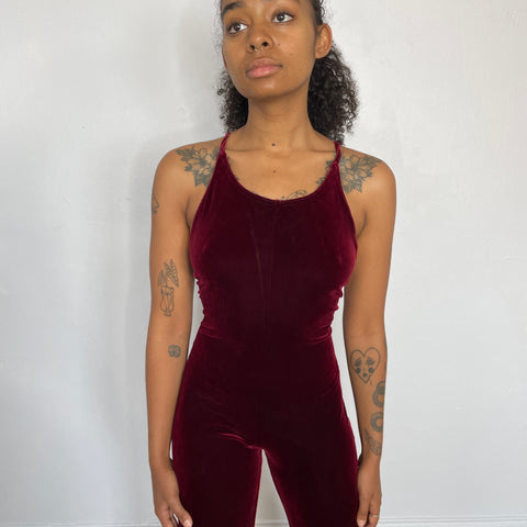 70s Mitra Modelle Burgundy Velour Bellbottom Jumpsuit Size XS