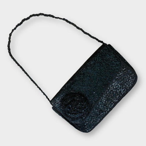 70s Black Bugle Bead Special Occasion Clutch Purse