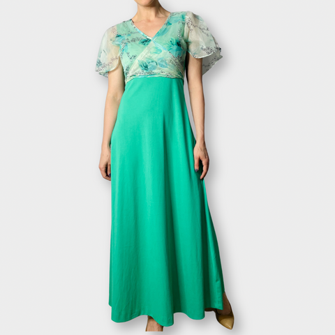 70s Seafoam Green Long Dress with Cape Overlay