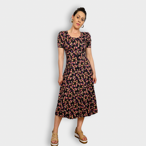 90s Ulterior Motives Navy Pink Purple Cream Floral Maxi Dress Size S