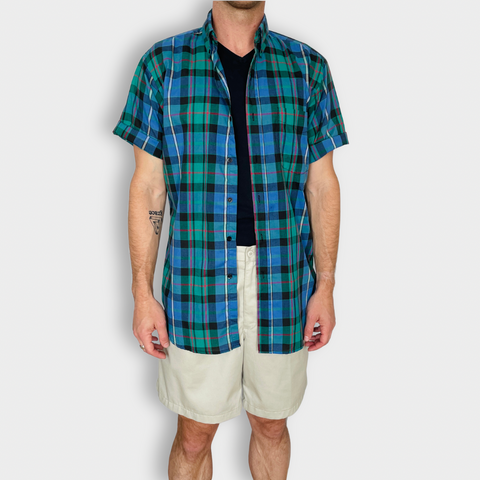 80s Main Street Green and Blue Plaid Short Sleeve Button Down