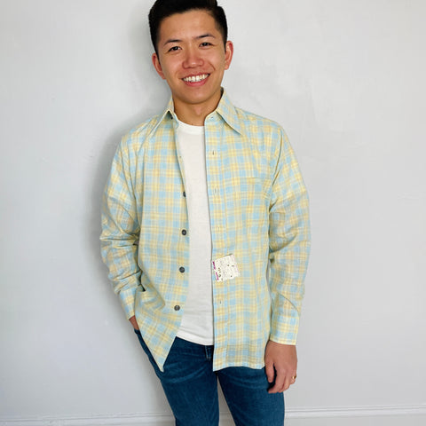 70s Blue and Yellow Dagger Collar Button Down Size S