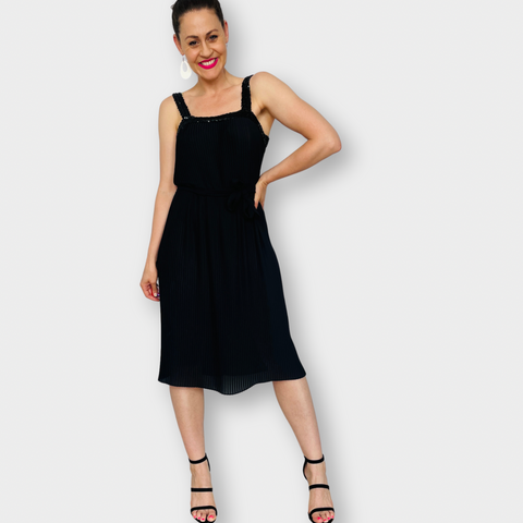 70s Themes Black and Sequin Accordion Pleated Midi Dress Size M