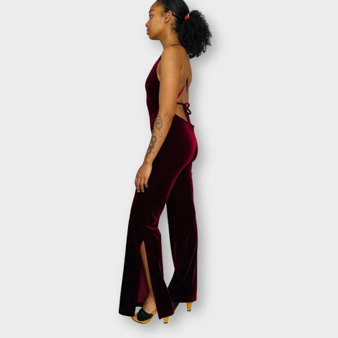 70s Mitra Modelle Burgundy Velour Bellbottom Jumpsuit Size XS