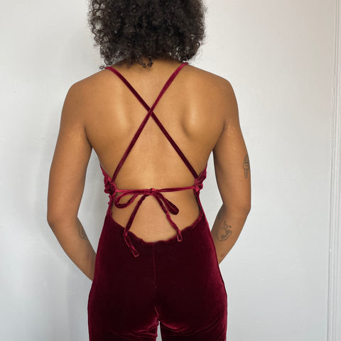 70s Mitra Modelle Burgundy Velour Bellbottom Jumpsuit Size XS