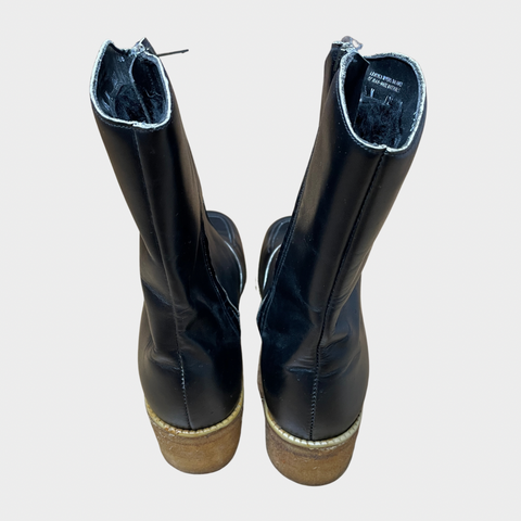 70s Black Leather Faux Fur Lined Boots Size 6.5