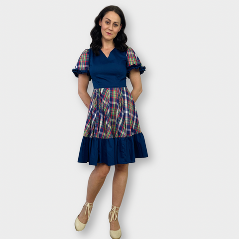 70s Sears Navy and Plaid Square Dancing Dress Size L