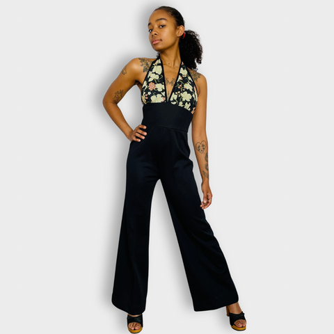 70s Jerell of Texas Black with Floral Halter Top Jumpsuit Set XS