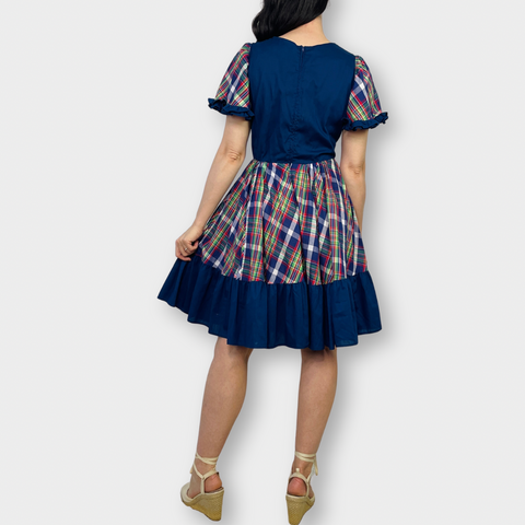 70s Sears Navy and Plaid Square Dancing Dress Size L