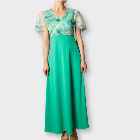 70s Seafoam Green Long Dress with Cape Overlay