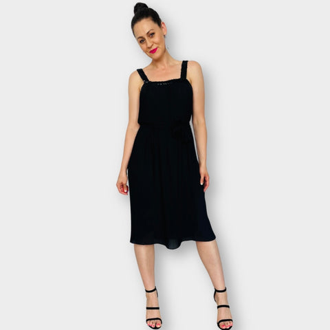 70s Themes Black and Sequin Accordion Pleated Midi Dress Size M