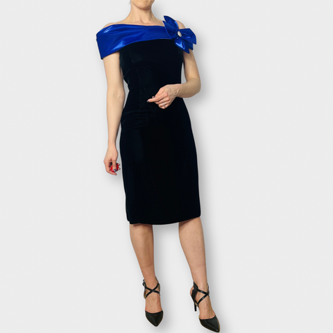 90s Evening Pantagis Black Velvet Dress with Blue Off the shoulder Collar